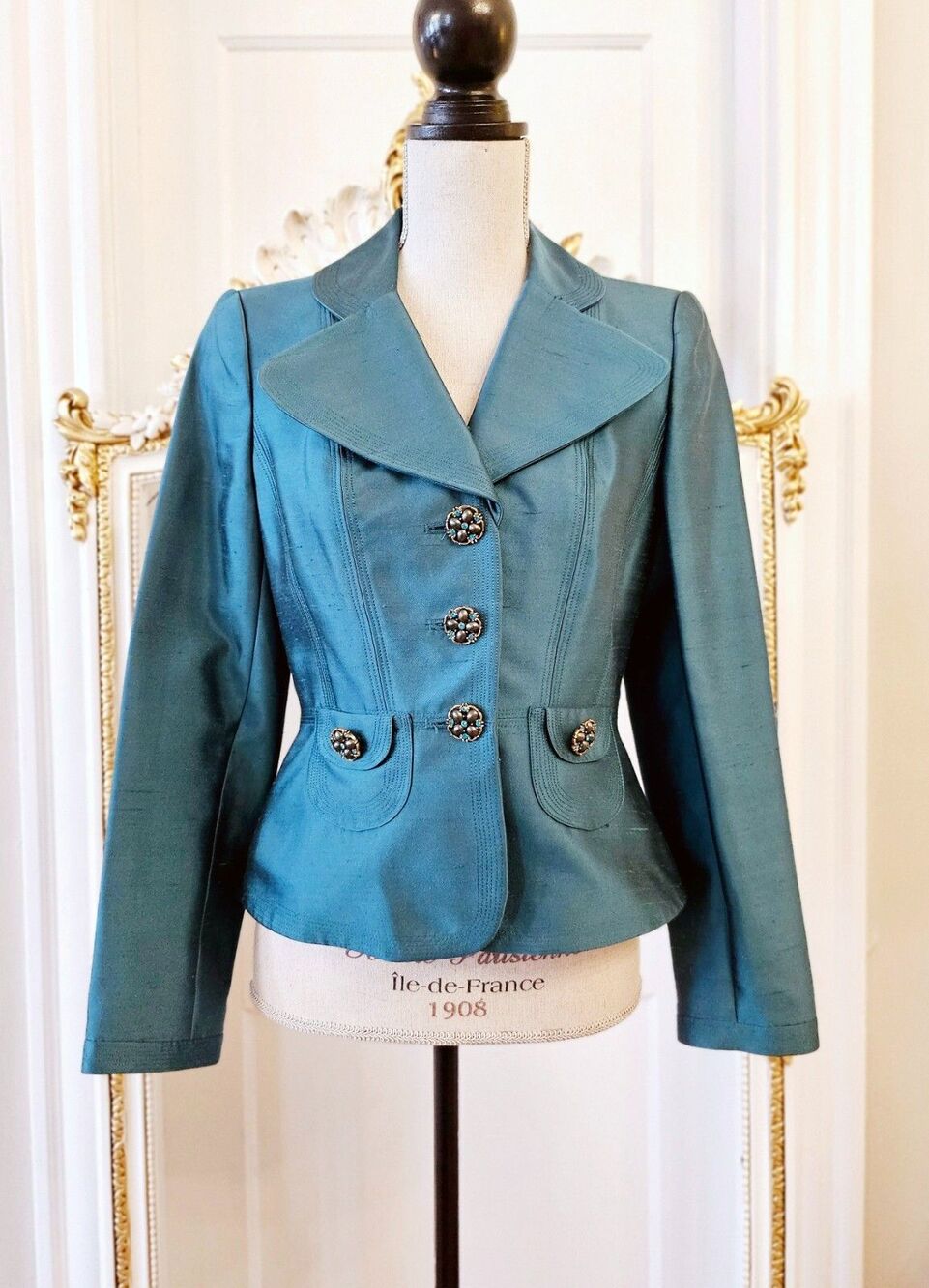 Kay Unger teal silk jacket, US 4, NWT